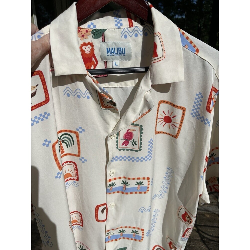 Malibu by Drill Clothing Shirt Monkey Tropical Bird Button-Up Mens Large